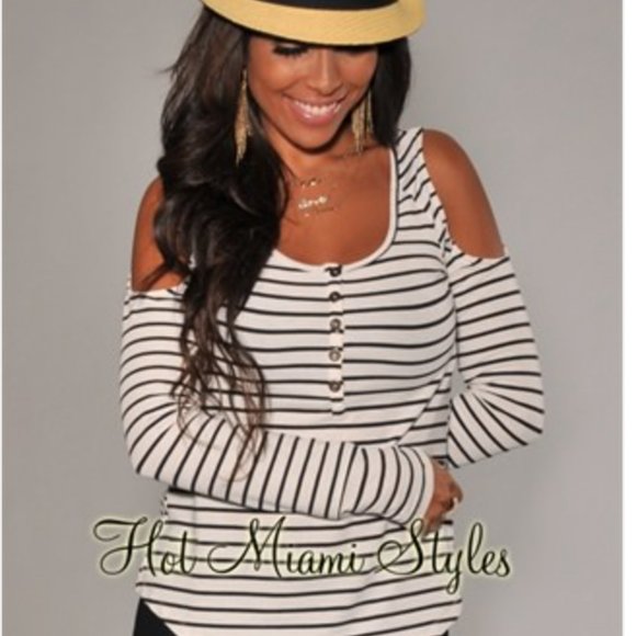 Striped Top with Cut Out Shoulder Detail - Picture 1 of 5